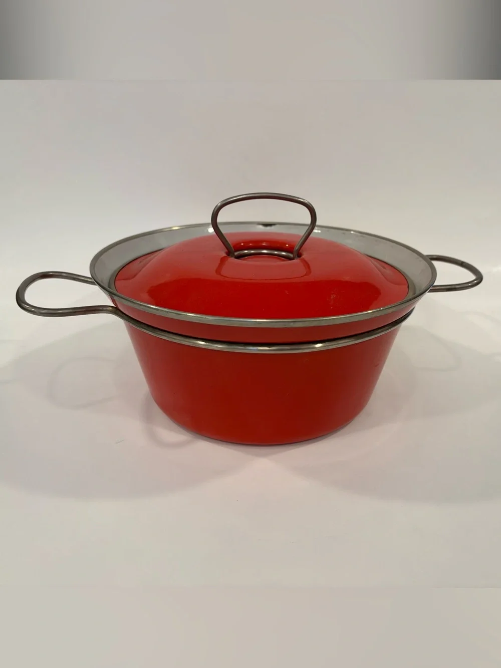 Midcentury Modern MES Red Enamel Covered Casserole Pot German Made